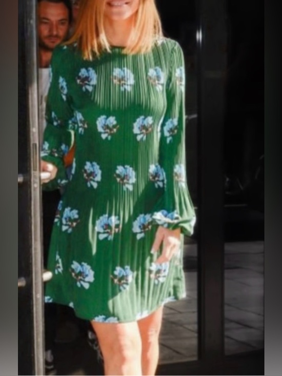 Maje Rockina Green Floral Long-Sleeve Pleated Mini Dress